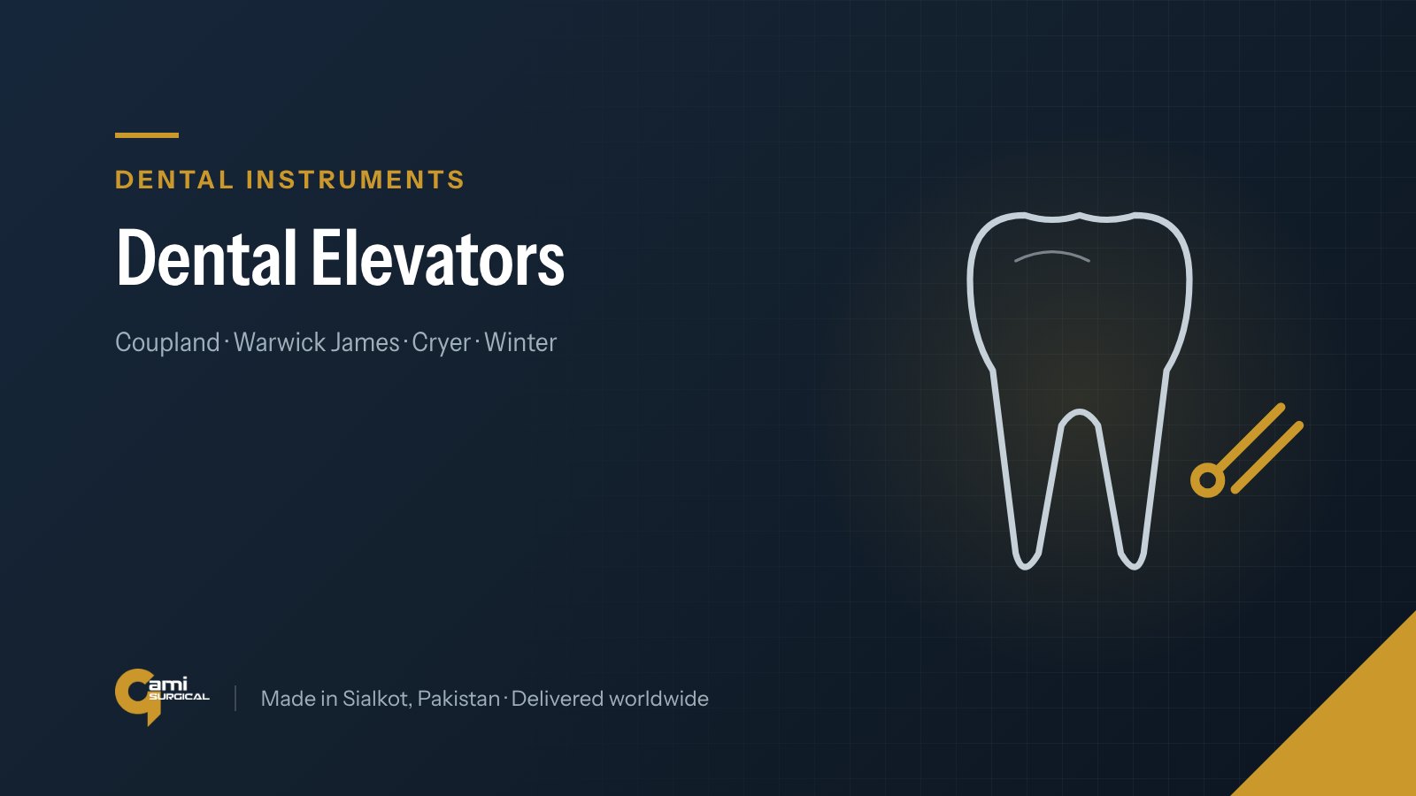 Line drawing of a tooth and a dental instrument, illustrating the Gami Surgical guide to dental elevators