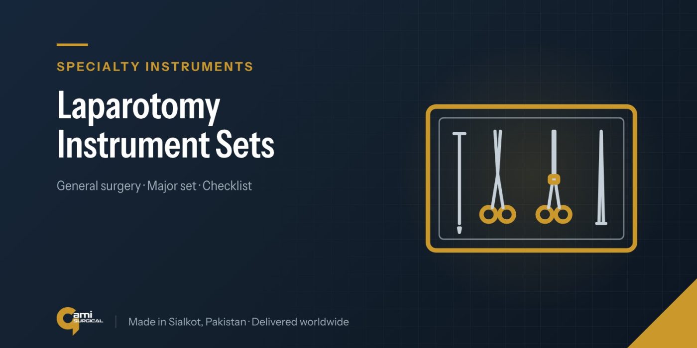Line drawing of an instrument tray with scalpel, scissors and forceps, illustrating the Gami Surgical guide to laparotomy instrument set