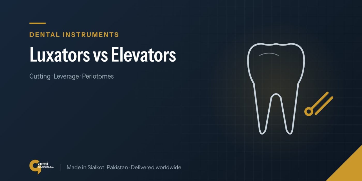 Line drawing of a tooth and a dental instrument, illustrating the Gami Surgical guide to luxators