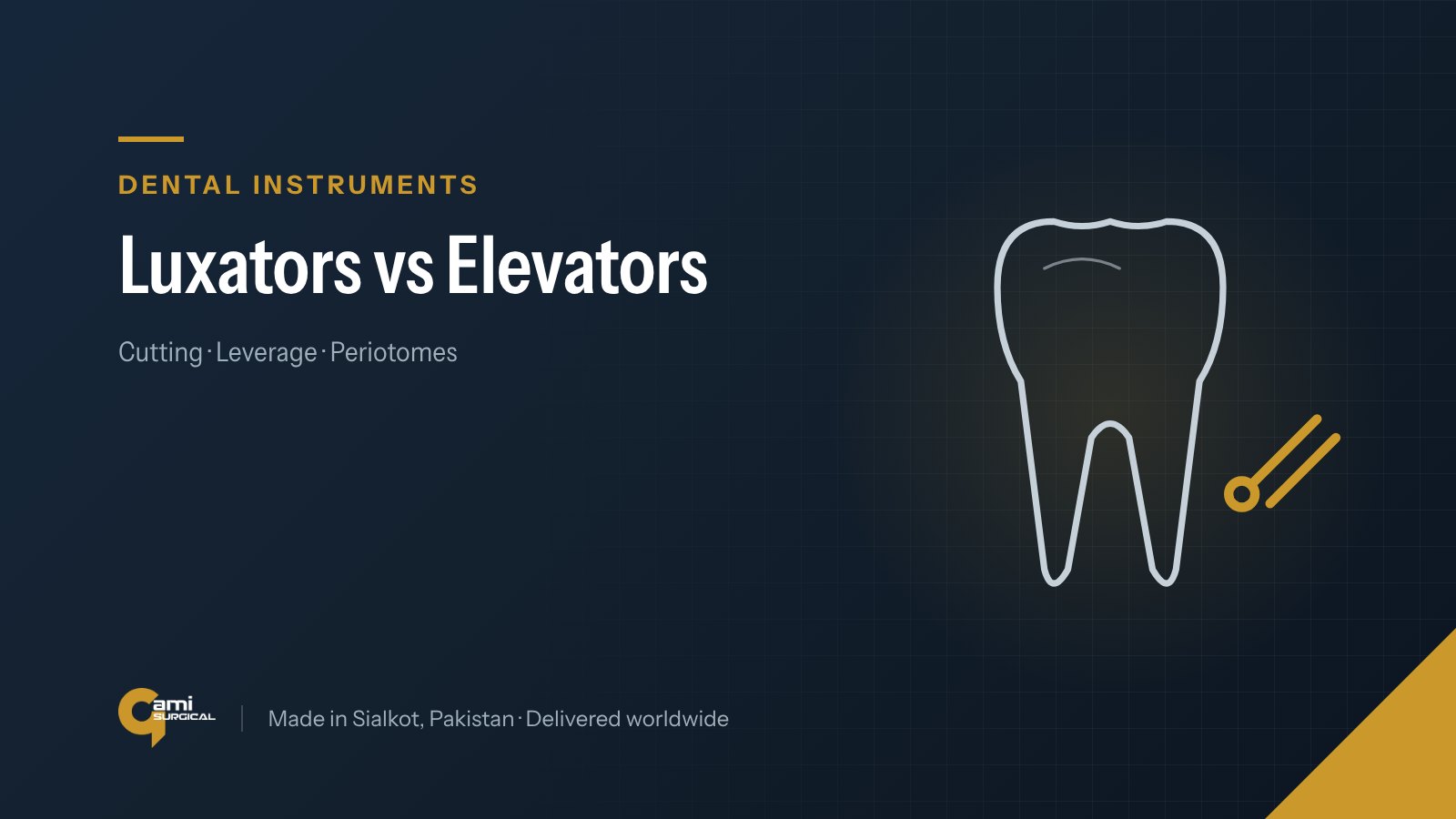 Line drawing of a tooth and a dental instrument, illustrating the Gami Surgical guide to luxators