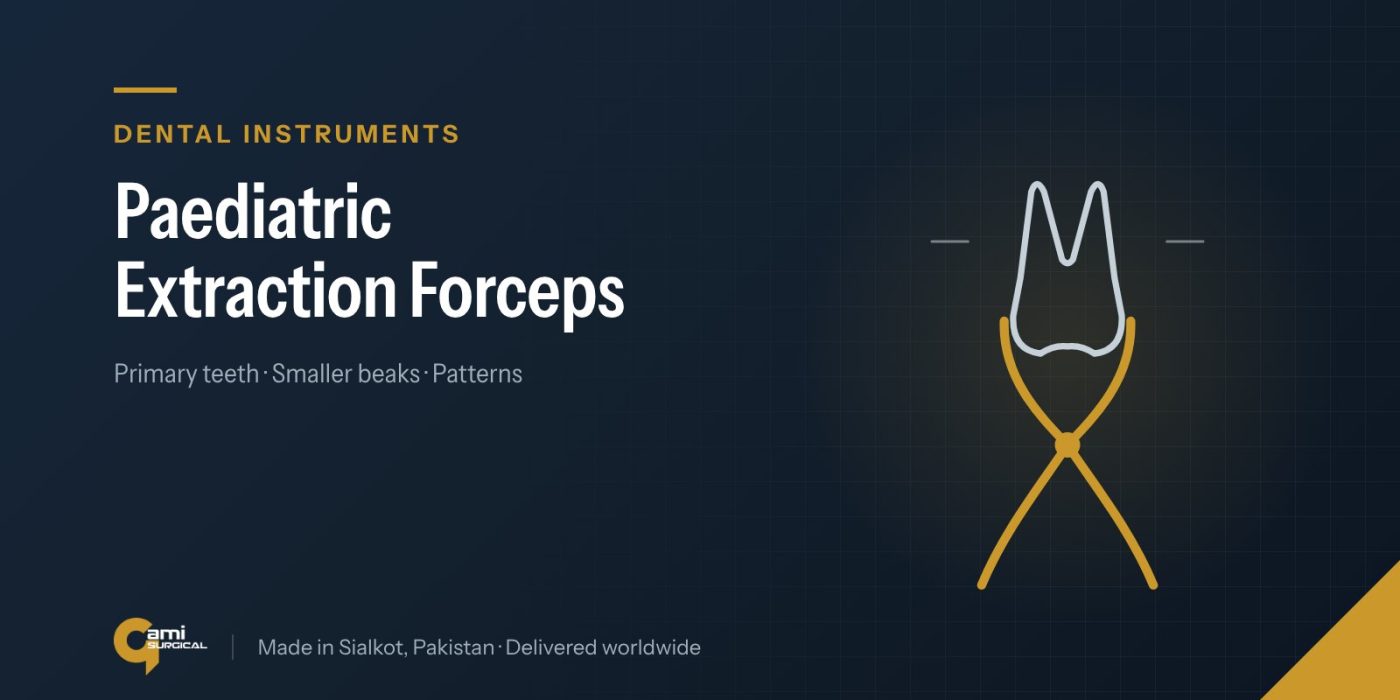 Line drawing of dental extraction forceps holding a tooth, illustrating the Gami Surgical guide to paediatric extraction forceps
