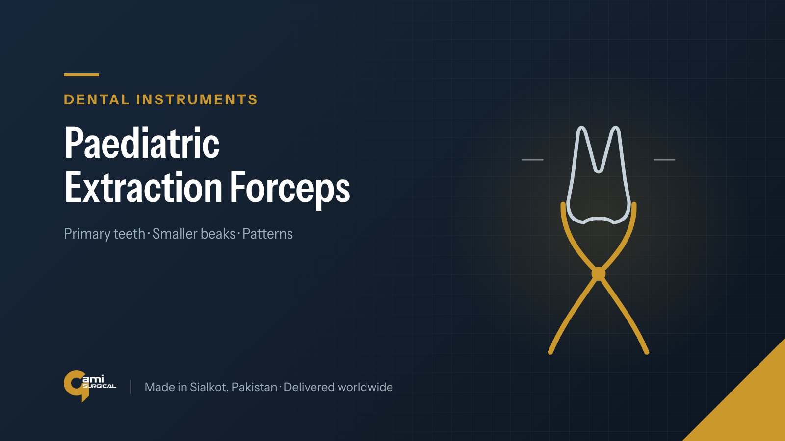 Line drawing of dental extraction forceps holding a tooth, illustrating the Gami Surgical guide to paediatric extraction forceps