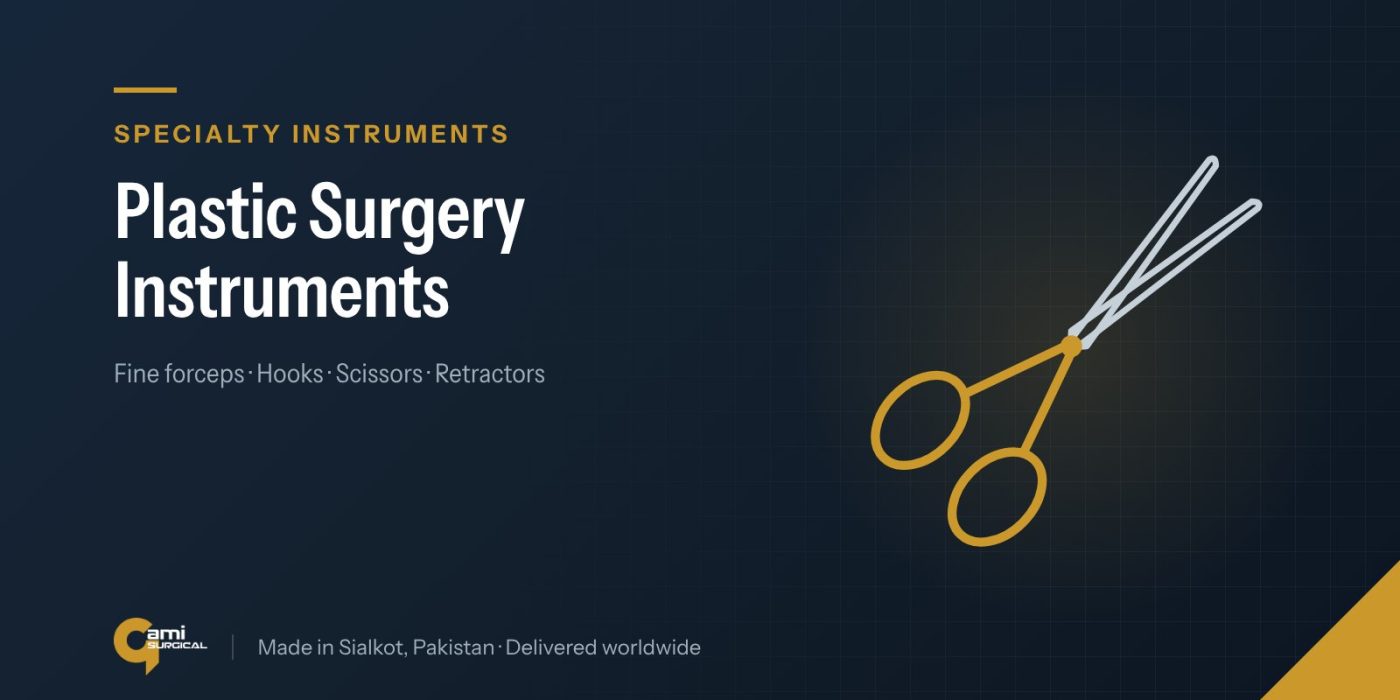 Line drawing of surgical scissors, illustrating the Gami Surgical guide to plastic surgery instruments