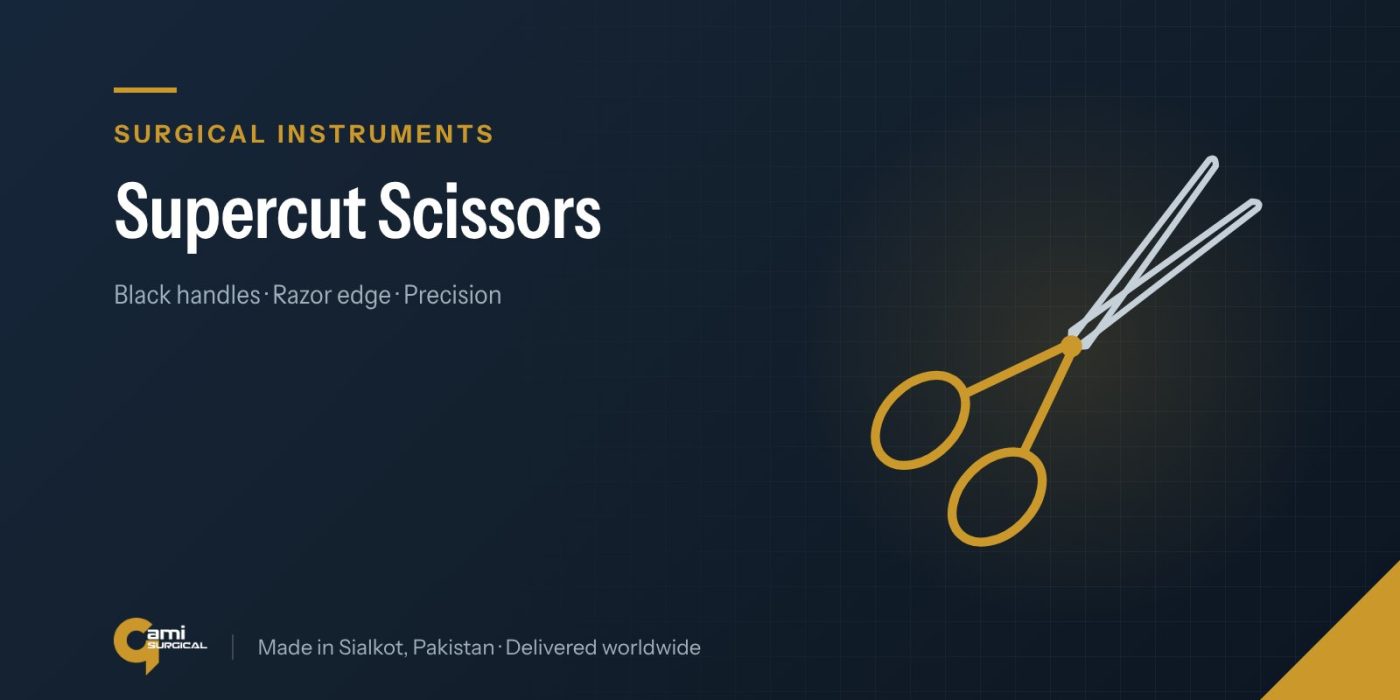 Line drawing of surgical scissors, illustrating the Gami Surgical guide to supercut scissors
