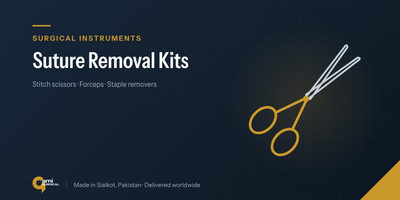 Line drawing of surgical scissors, illustrating the Gami Surgical guide to suture removal kit